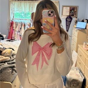 Women's White Sweater with Pink Bow